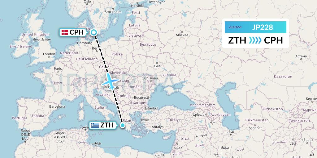 JP228 Adria Airways Flight Map: Zakynthos to Copenhagen