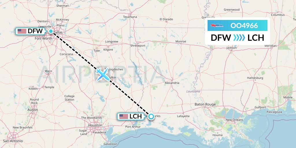 OO4966 SkyWest Airlines Flight Map: Dallas to Lake Charles