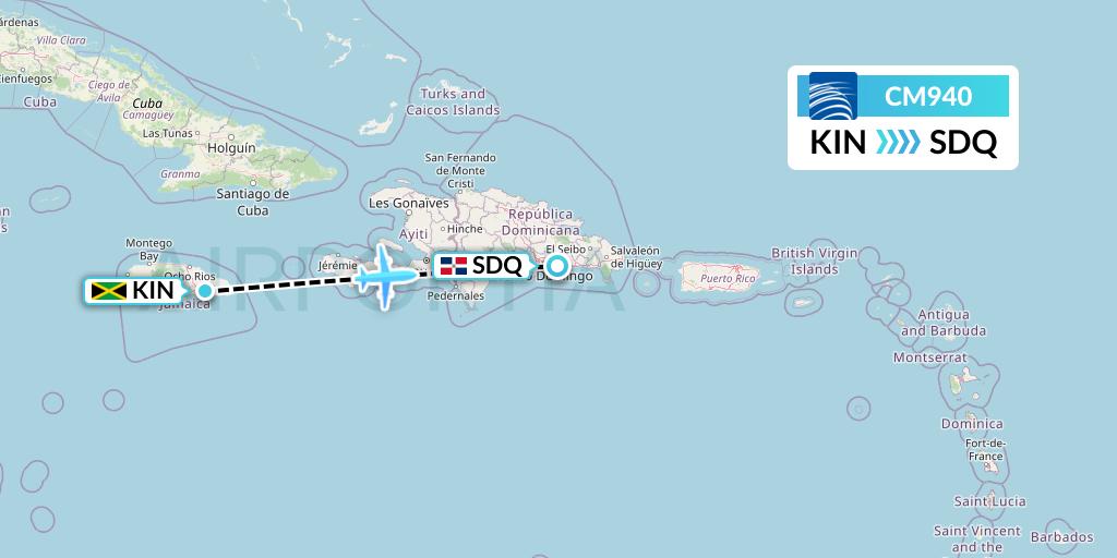 CM940 Copa Airlines Flight Map: Kingston to Santo Domingo