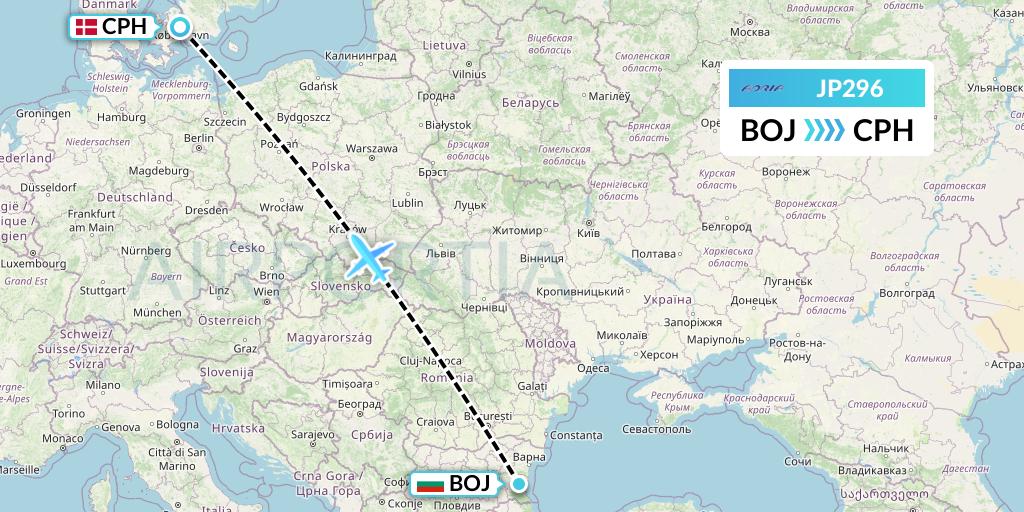 JP296 Adria Airways Flight Map: Burgas to Copenhagen