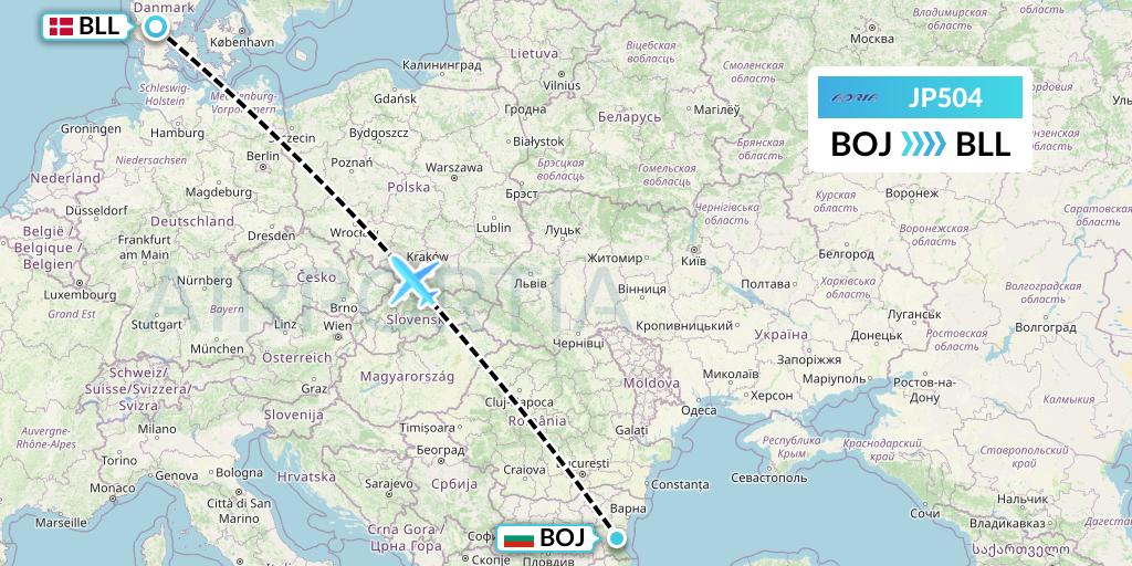 JP504 Adria Airways Flight Map: Burgas to Billund
