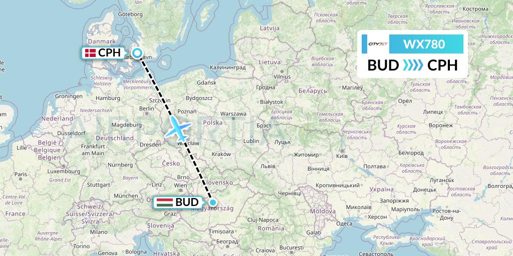 WX780 Cityjet Flight Map: Budapest to Copenhagen
