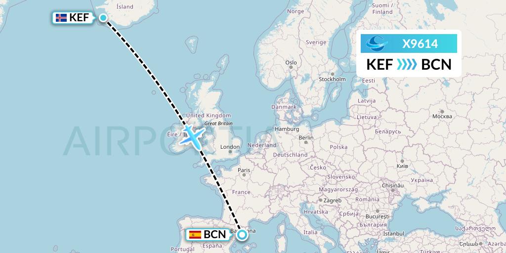 X9614 Avion Express Flight Map: Reykjavik to Barcelona