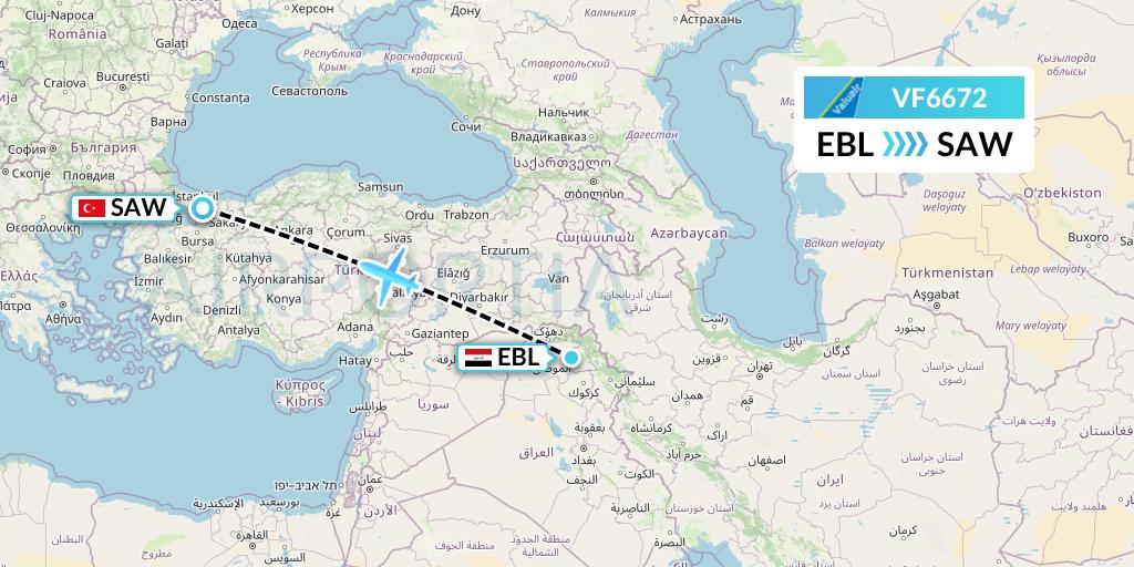VF6672 ValuAir Flight Map: Arbil to Istanbul