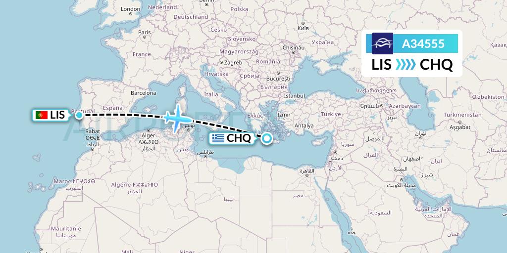 A34555 Aegean Airlines Flight Map: Lisbon to Chania
