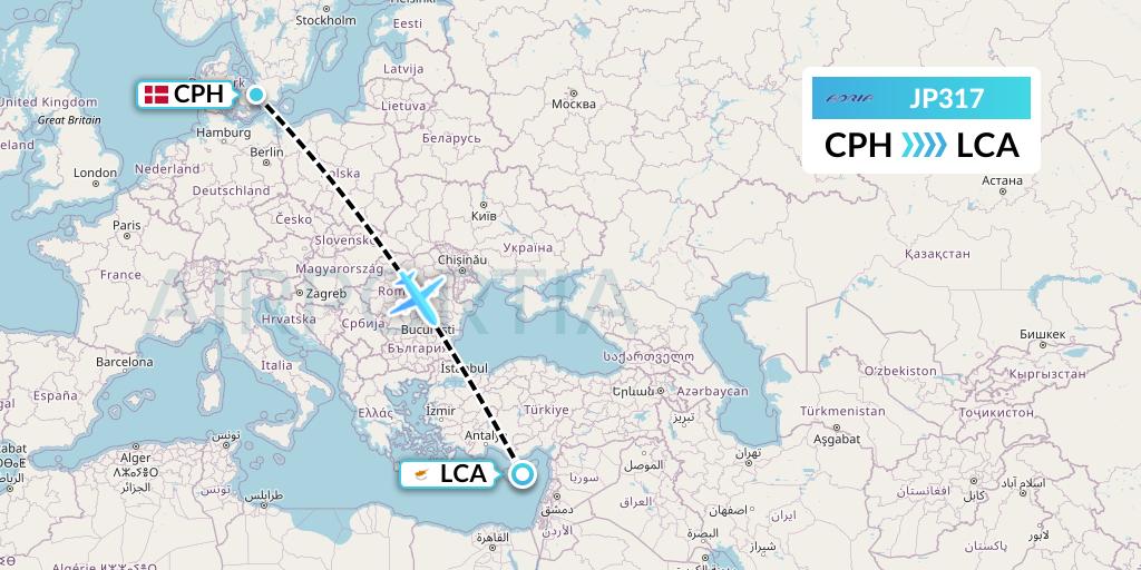 JP317 Adria Airways Flight Map: Copenhagen to Larnaca