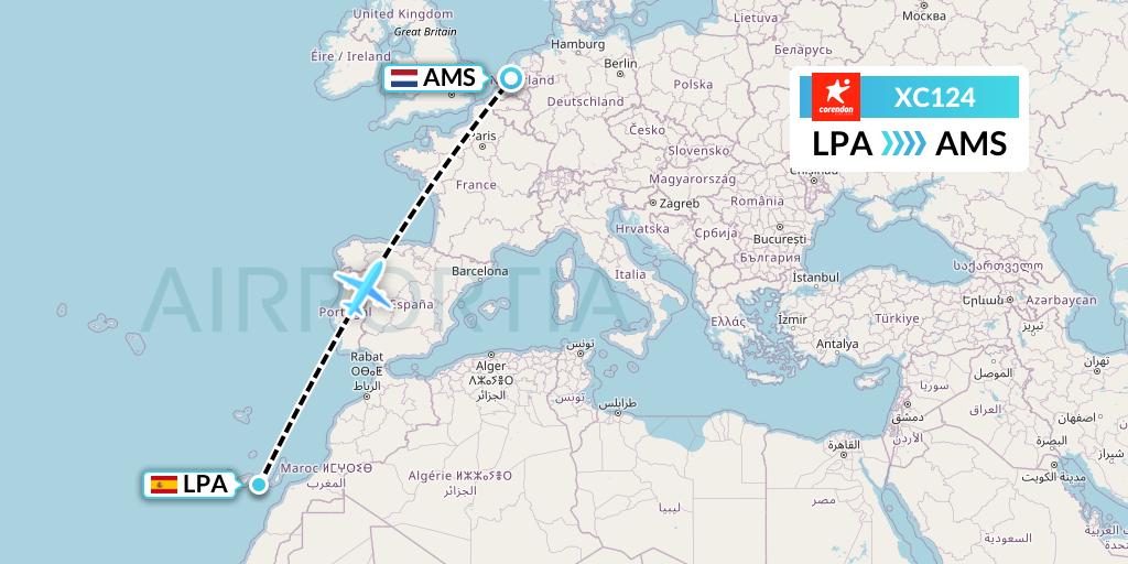 XC124 Corendon Airlines Flight Map: Las Palmas to Amsterdam