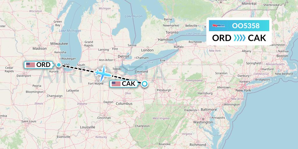 OO5358 SkyWest Airlines Flight Map: Chicago to Akron