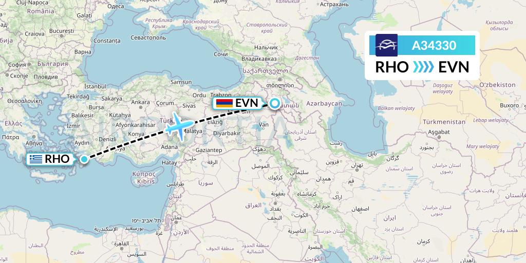 A34330 Aegean Airlines Flight Map: Rhodes to Yerevan