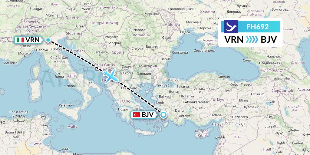 FH692 Freebird Airlines Flight Map: Verona to Bodrum