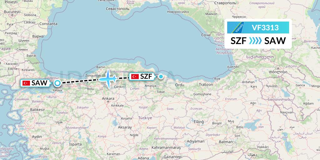 VF3313 ValuAir Flight Map: Samsun to Istanbul