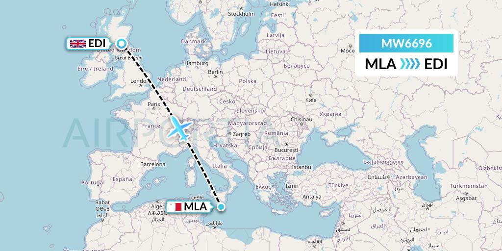 MW6696 Mokulele Flight Service Flight Map: Malta to Edinburgh