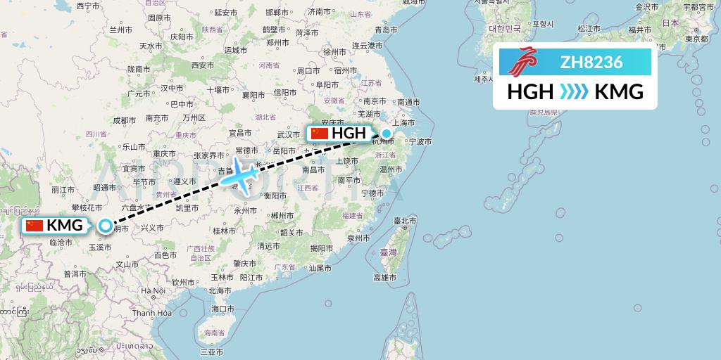 ZH8236 Shenzhen Airlines Flight Map: Hangzhou to Kunming