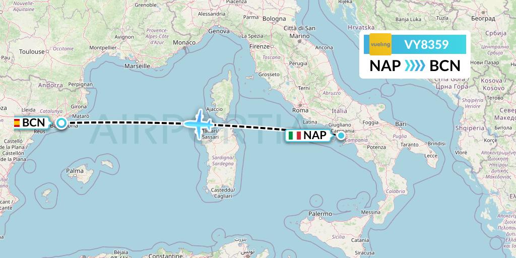 VY8359 Vueling Flight Map: Naples to Barcelona