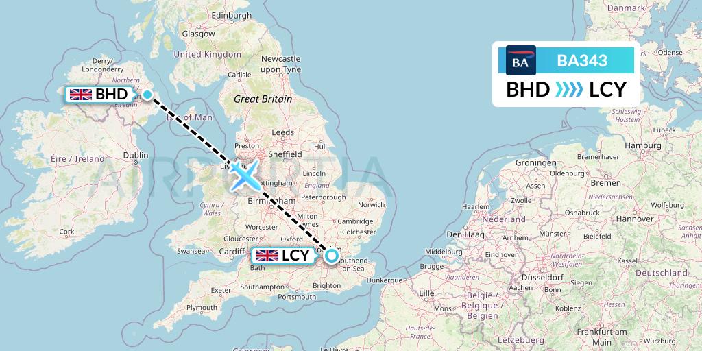 BA343 British Airways Flight Map: Belfast to London
