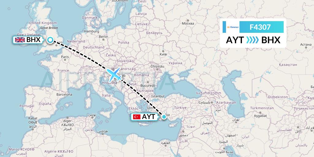 F4307 Air Flamenco Flight Map: Antalya to Birmingham