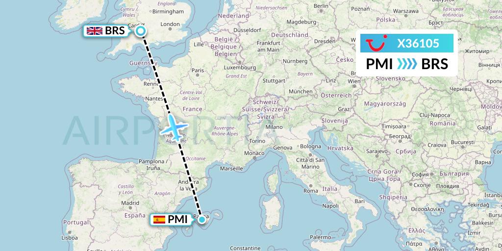 X36105 TUI fly Germany Flight Map: Palma de Mallorca to Bristol
