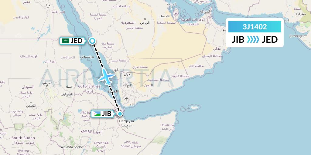3J1402 Jubba Airways Flight Map: Djibouti to Jeddah