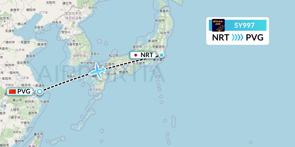 5Y997 Atlas Air Flight Map: Tokyo to Shanghai