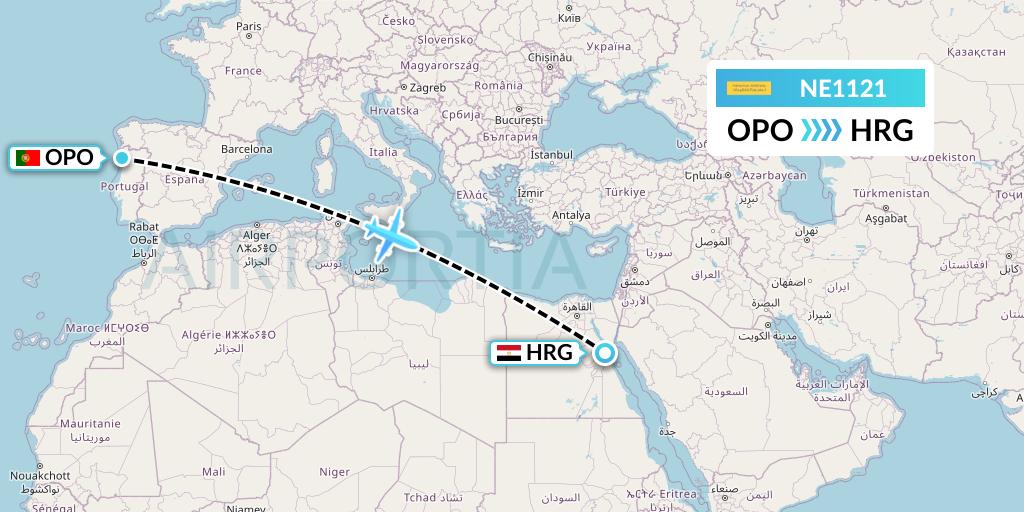 NE1121 Nesma Airlines Flight Map: Porto to Hurghada