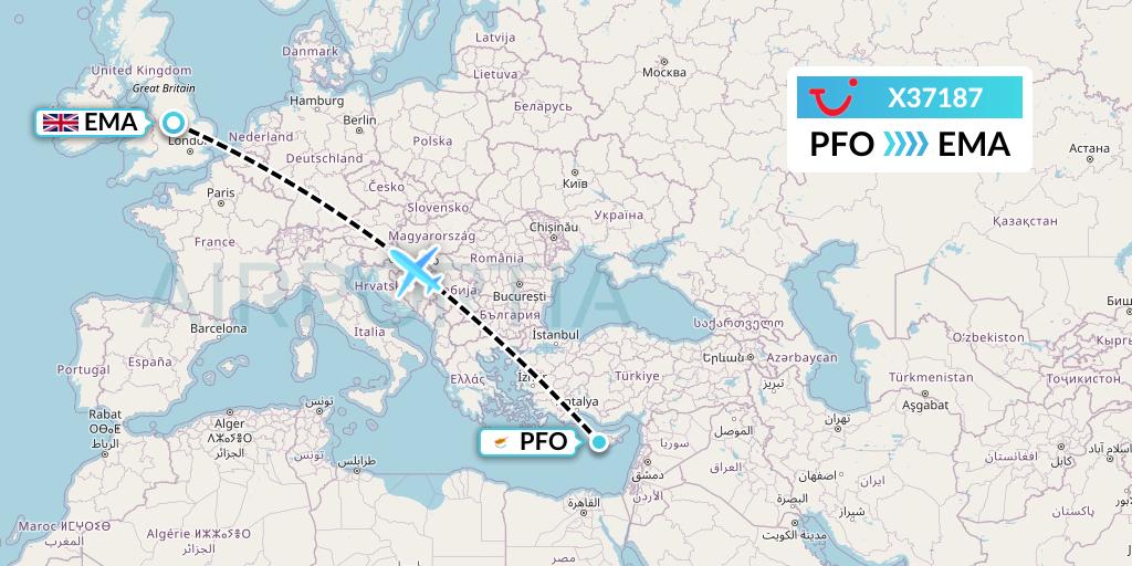 X37187 TUI fly Germany Flight Map: Pafos to East Midlands