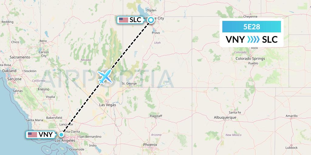 5E28 East Coast Flight Services, Inc. Flight Map: Van Nuys to Salt Lake City