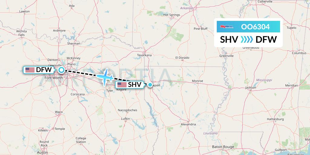 OO6304 SkyWest Airlines Flight Map: Shreveport to Dallas