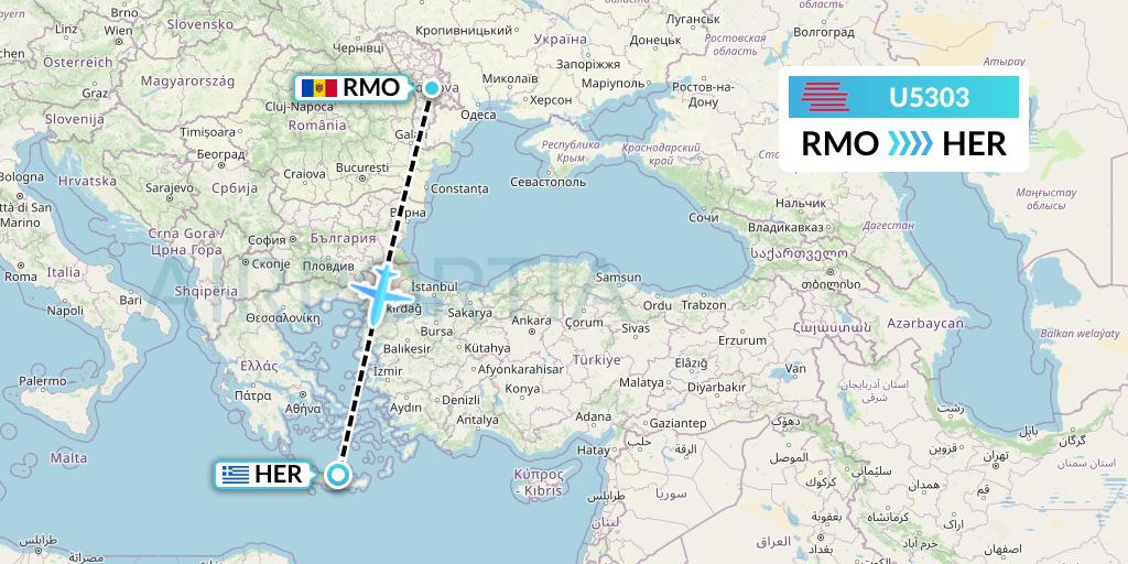 U5303 Karinou Airlines Flight Map: Chisinau to Heraklion
