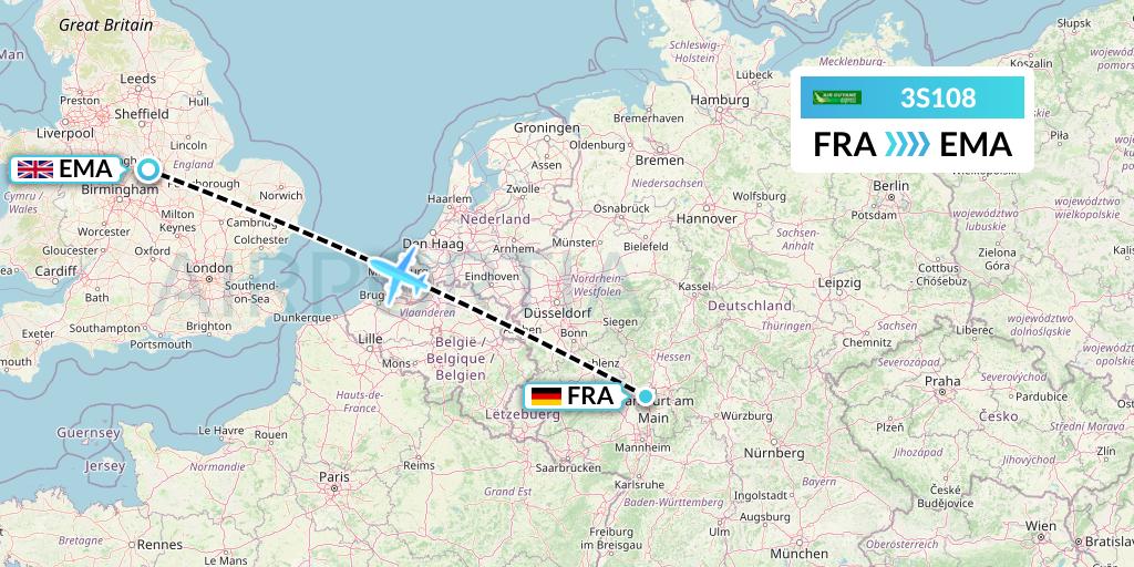 3S108 Air Antilles Express Flight Map: Frankfurt to East Midlands