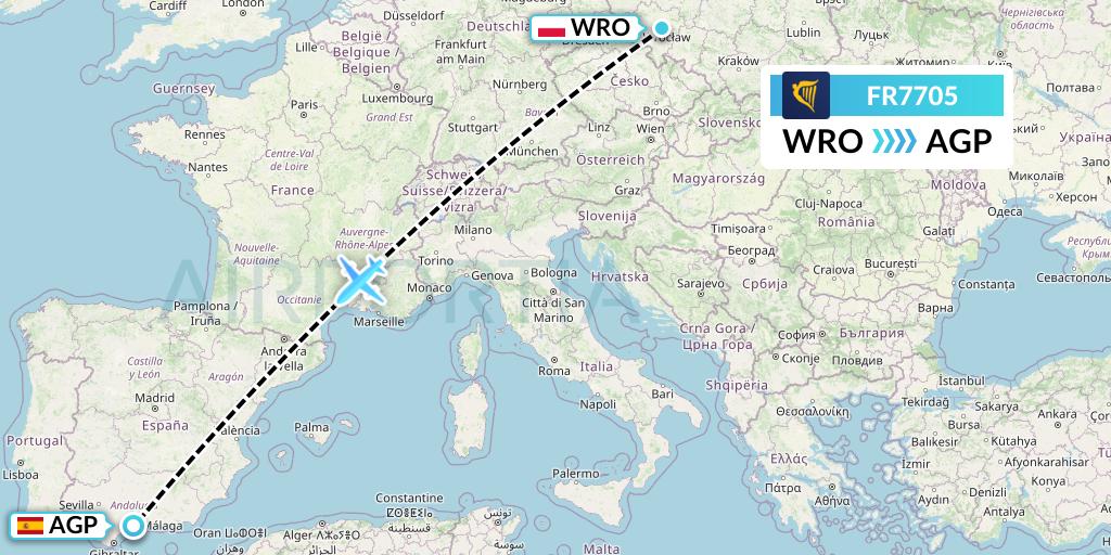 FR7705 Ryanair Flight Map: Wroclaw to Malaga