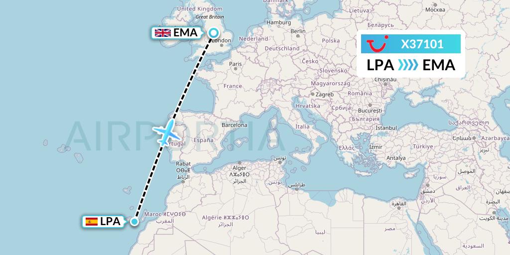X37101 TUI fly Germany Flight Map: Las Palmas to East Midlands