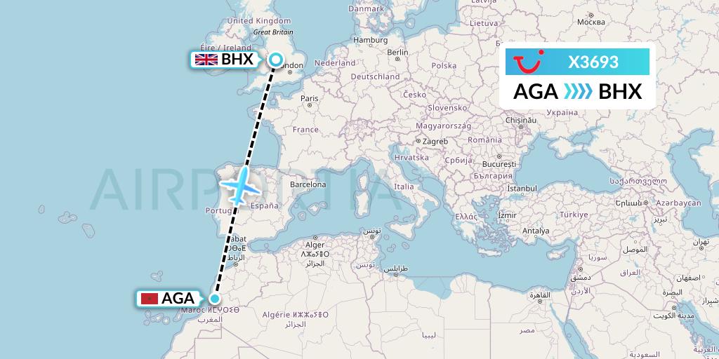 X3693 TUI fly Germany Flight Map: Agadir to Birmingham