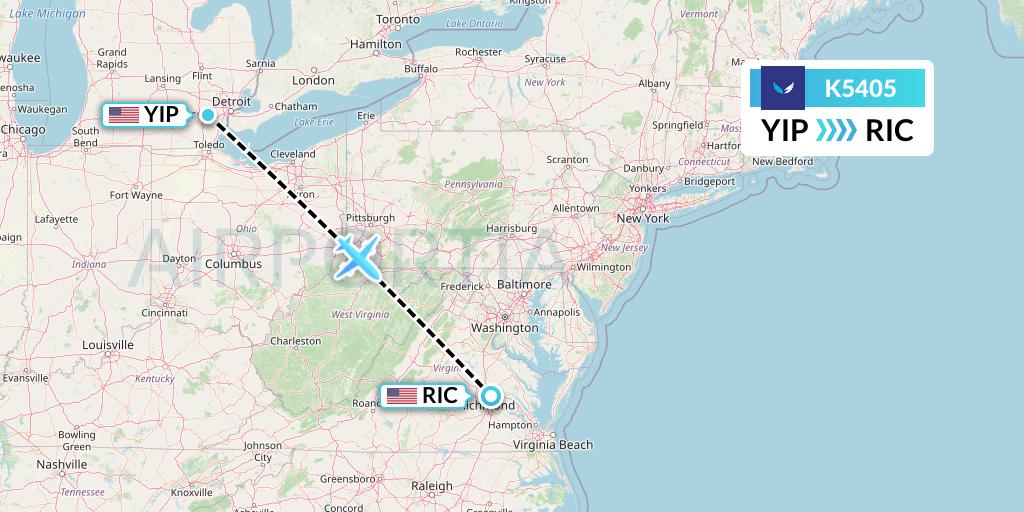 K5405 SeaPort Airlines Flight Map: Detroit to Richmond