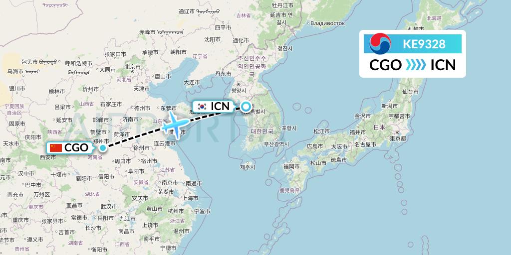 KE9328 Korean Air Flight Map: Zhengzhou to Seoul