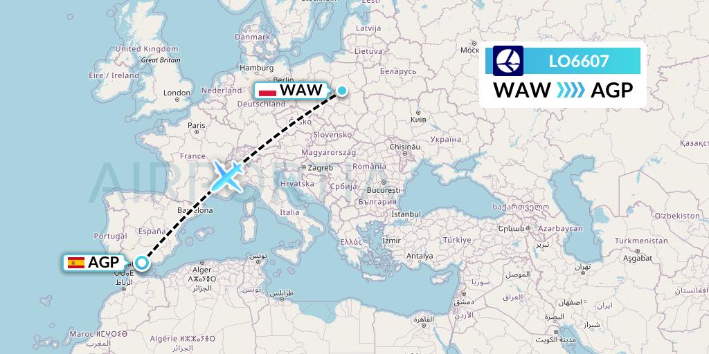 LO6607 LOT Flight Map: Warsaw to Malaga