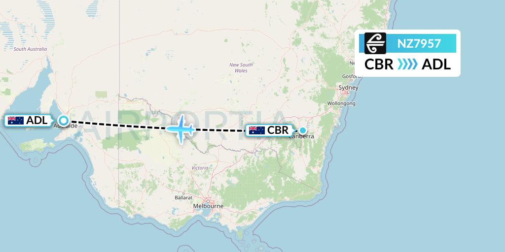 NZ7957 Air New Zealand Flight Map: Canberra to Adelaide