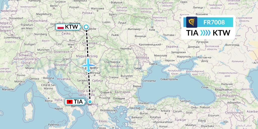 FR7008 Ryanair Flight Map: Tirana to Katowice