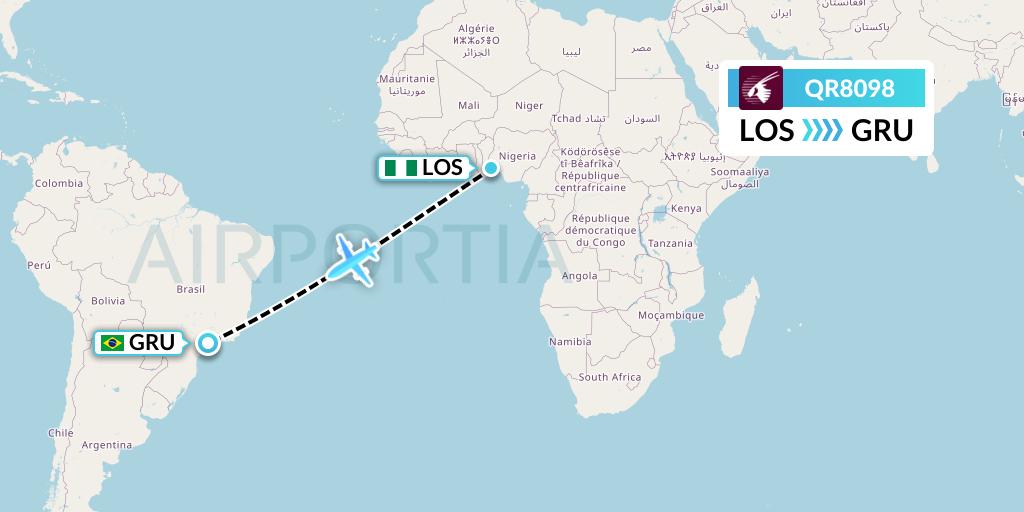 QR8098 Qatar Airways Flight Map: Lagos to Sao Paulo
