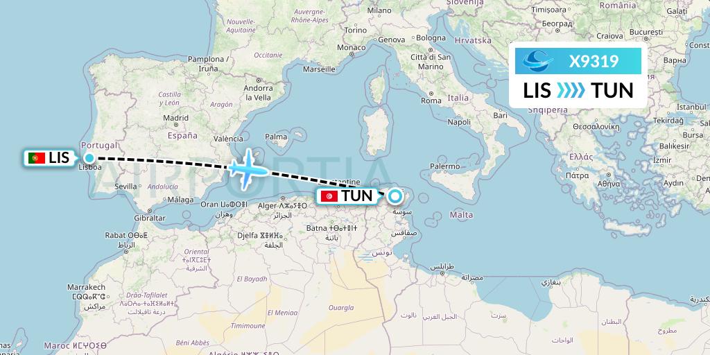 X9319 Avion Express Flight Map: Lisbon to Tunis