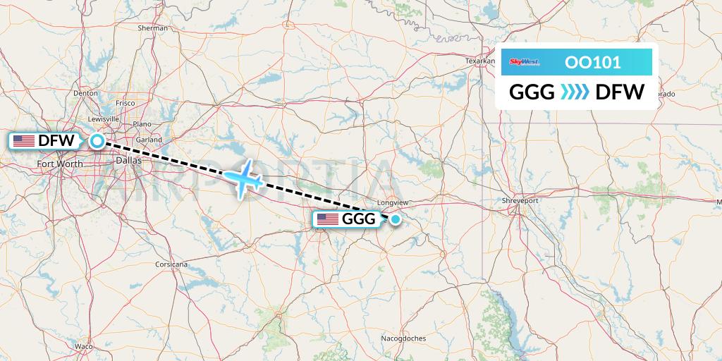 OO101 SkyWest Airlines Flight Map: Longview to Dallas