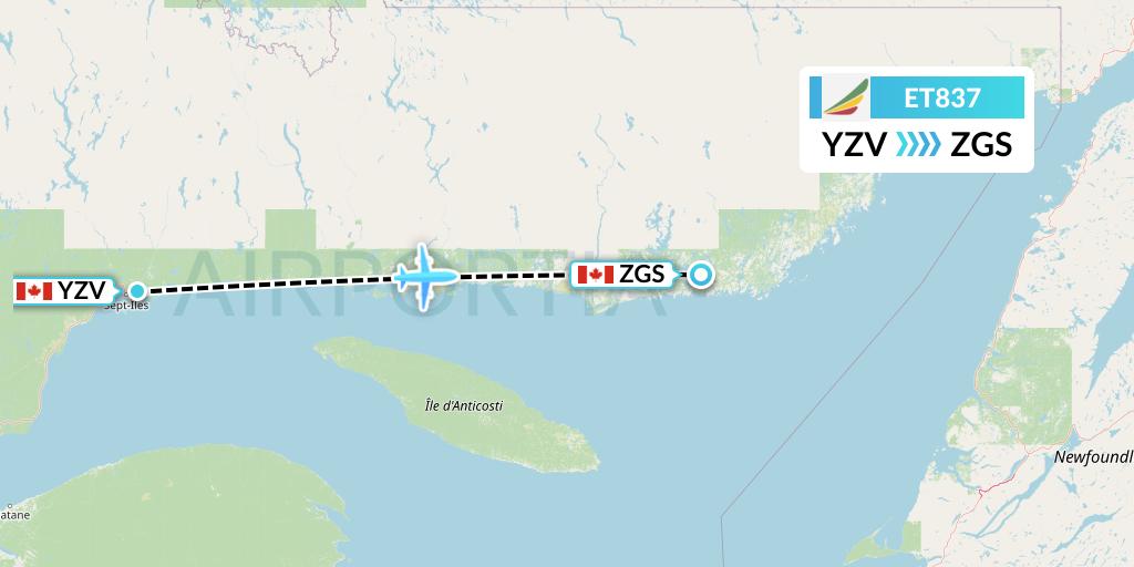 ET837 Ethiopian Airlines Flight Map: Sept-Iles to Gethsemani