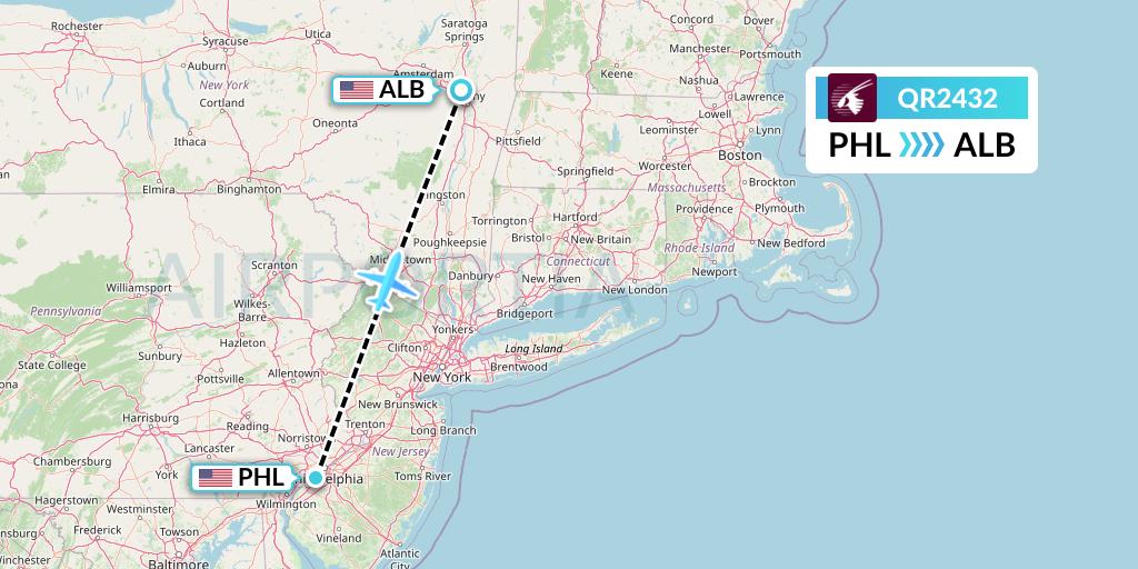 QR2432 Qatar Airways Flight Map: Philadelphia to Albany