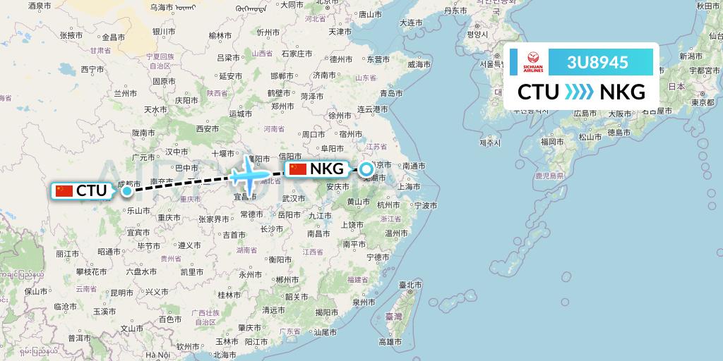 3U8945 Sichuan Airlines Flight Map: Chengdu to Nanjing