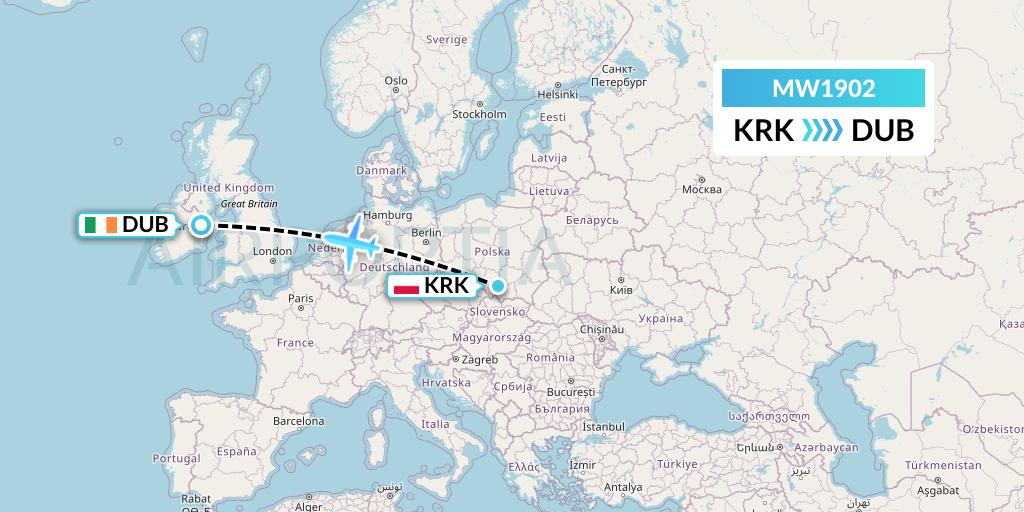 MW1902 Mokulele Flight Service Flight Map: Krakow to Dublin
