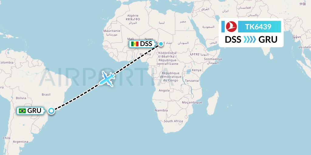 TK6439 Turkish Airlines Flight Map: Dakar to Sao Paulo