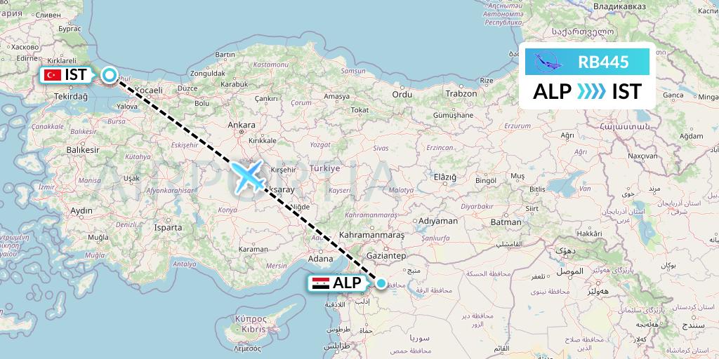 RB445 Syrian Air Flight Map: Aleppo to Istanbul