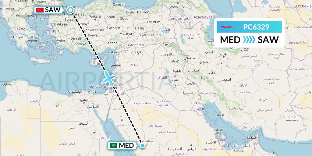 PC6329 Pegasus Airlines Flight Map: Medina to Istanbul