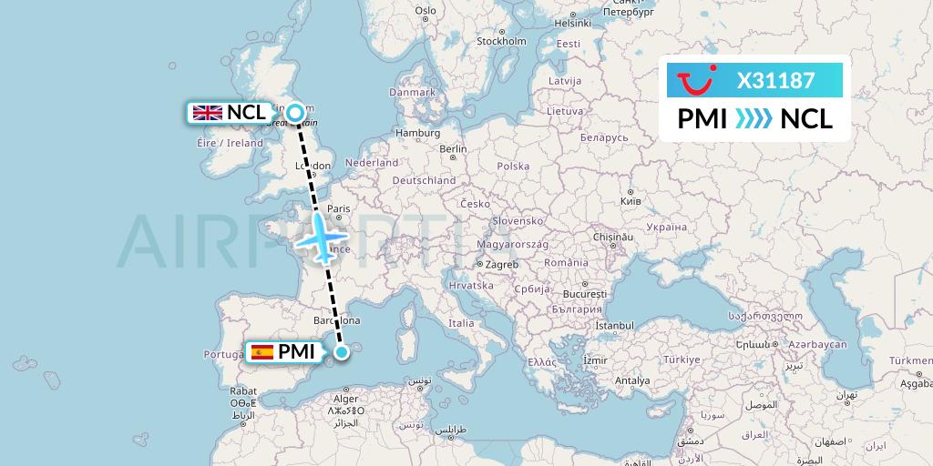 X31187 TUI fly Germany Flight Map: Palma de Mallorca to Newcastle