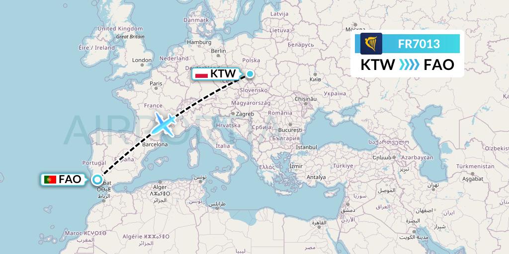 FR7013 Ryanair Flight Map: Katowice to Faro