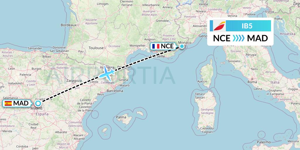 IB5 Iberia Flight Map: Nice to Madrid